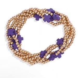 BRACELET 5-Strand NWT Stretch Gold Tone Beads & Blue Purple “+” Shaped Accents